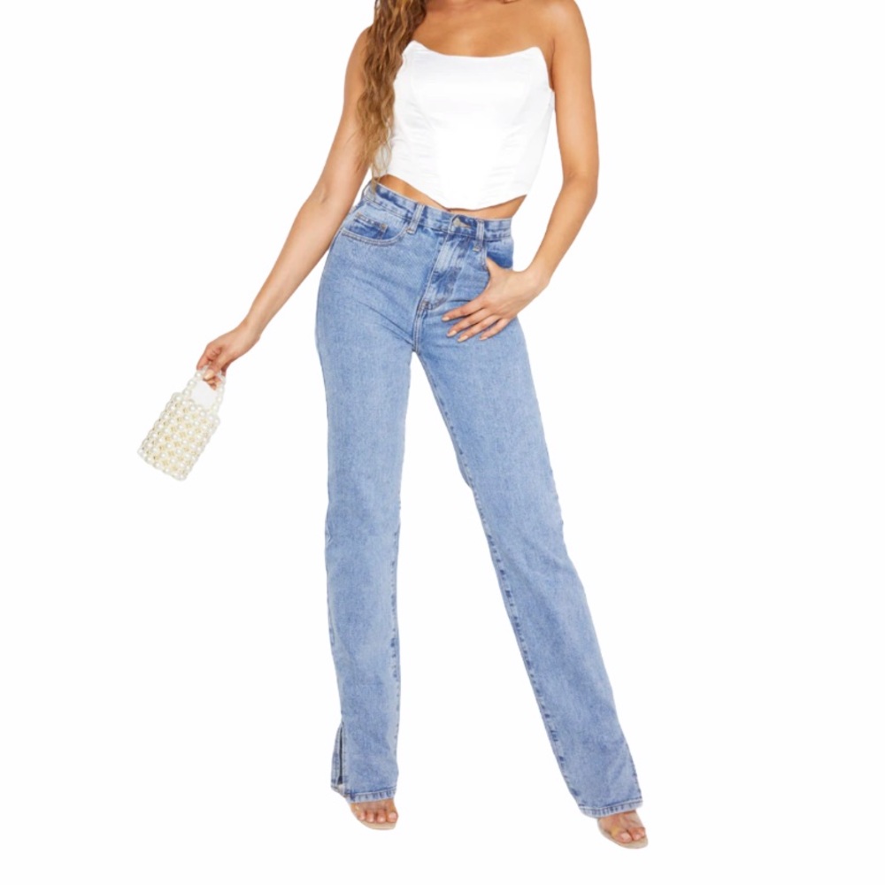 Prettylittlething Tall Mid Wash Split Hem jeans 4